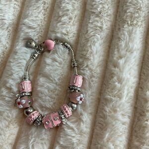 Pink Floral Glass Bead Charm Bracelet